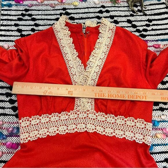 Vintage 60s 70s Gunne Sax Style Red Cream Crochet Peasant Hippie Maxi Dress - Picture 11 of 16